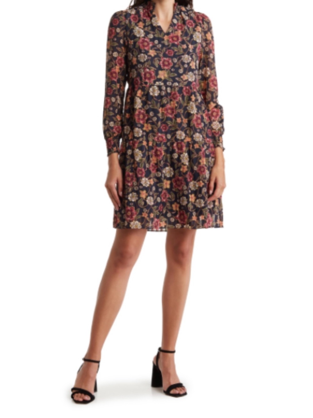 Nanette Lepore Navy Floral Tiered Dress with Burgundy & Cream Blooms, size 8